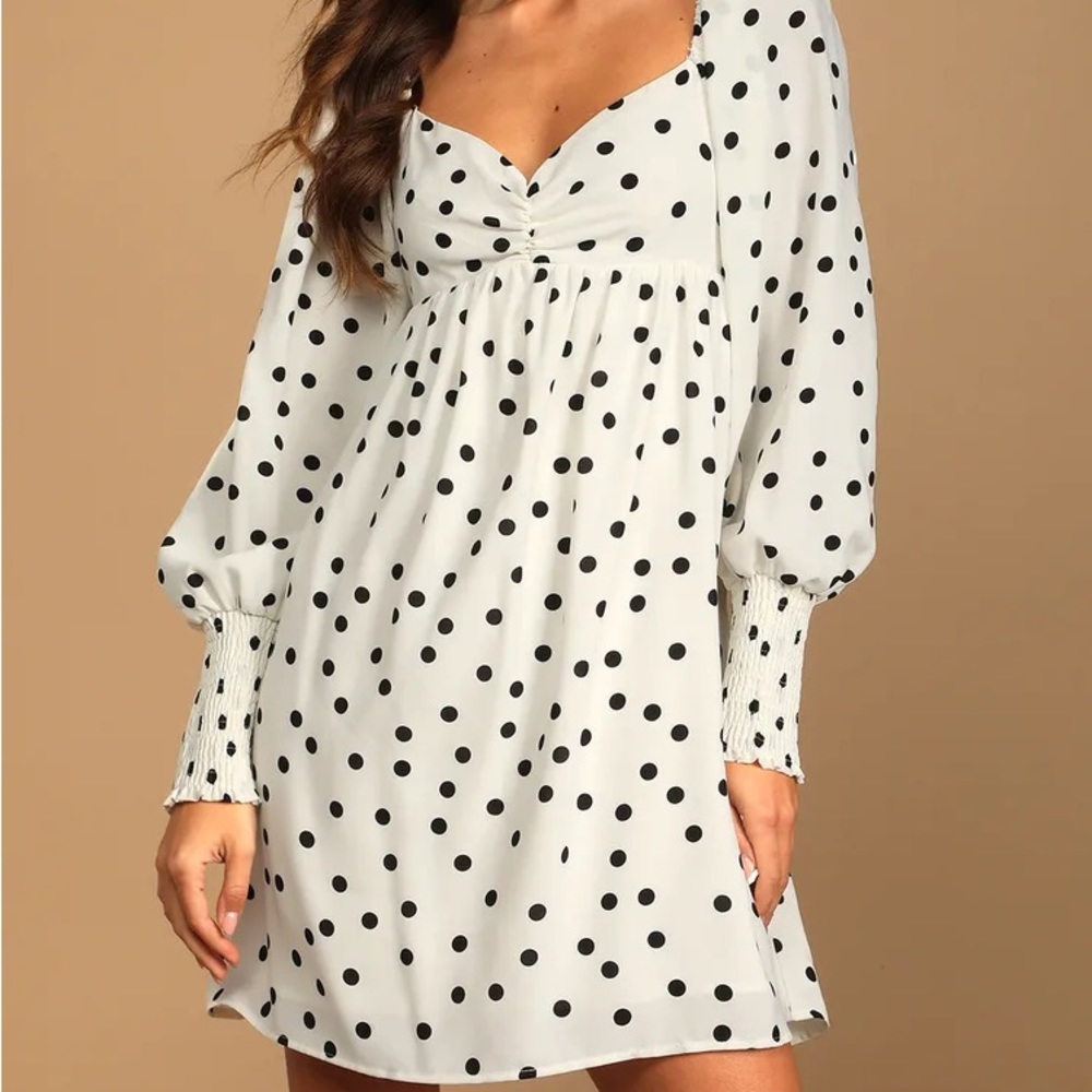 Lulu’s Meet Me at Our Spot Polka Dot Silky Cocktail Dress🤍🖤